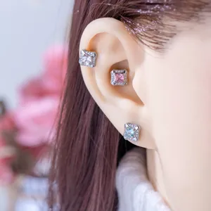 F136 Titanium Alloy Cartilage Stud Earrings Inlaid Zirconia Geometric Square Sugar Cube Piercing Jewelry For Unisex Everyday Wear