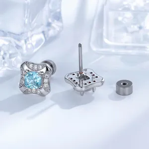 Elegant square light blue zircon cartilage stud earrings with titanium post and screw back