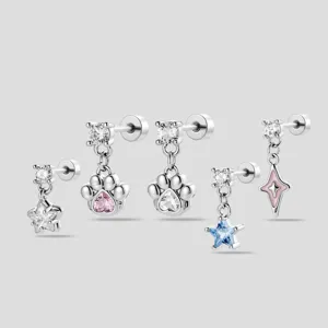 Sweet Titanium Alloy Post Stainless Steel Base Rhinestone Cat Paw Star Ear Cartilage Stud Piercing Jewelry For Women Unisex Gift