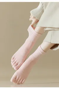 Dames dikke badstof tenen sokken halverwege kalf winter warm zweetabsorberend roze detail