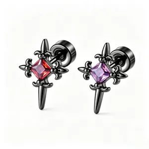 Vintage gothic black cross stud earrings featuring red and purple square zircon stones