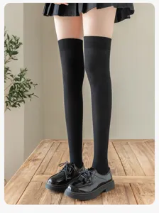Close-up detail view of black over-the-knee stockings showing fine texture and fit.