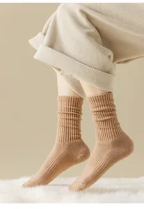 Close-up detail of women's thick warm wool ribbed knit socks in cozy autumn winter style.