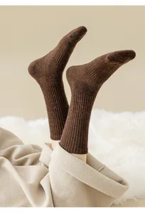 Detailed close-up view of thick warm brown wool blend knit winter socks for women.