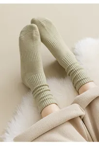 Detailed shot of women's warm wool knit socks, featuring a cozy thick loop texture in light green.