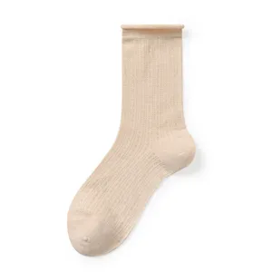 Women's breathable thin mid-tube socks with mesh pattern and rolled cuff for daily wear.