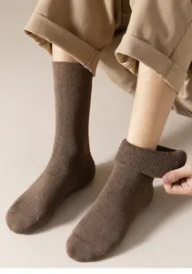 Thickened terry men crew socks detail shot, cozy brown winter casual socks for daily wear.
