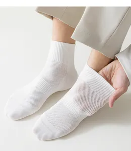 Détail en gros plan de chaussettes en coton mesh blanc respirant avec une texture fine.