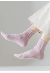 Lavender purple mesh cotton mid-calf socks for women, breathable knit style for spring and summer.