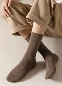 Men's brown winter thickened terry crew socks, solid color casual business socks.