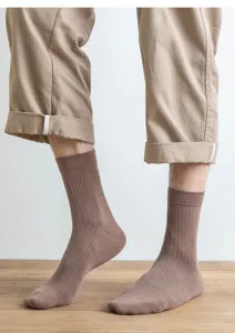 Men's brown ribbed mid-calf socks, pure cotton, breathable, comfortable daily wear detail view.