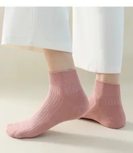 Detail view of women pink cotton ribbed ankle socks showing soft texture and cozy fit.