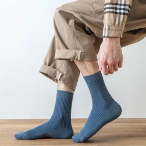 Men's Casual Pure Cotton Crew Socks Antibacterial Breathable Solid Color High Elasticity Business Socks