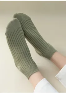 Pure cotton women socks spring summer solid green ribbed design comfortable daily wear detail view