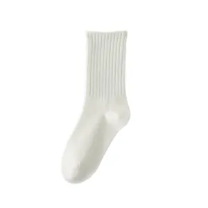 Women Solid Color Crew Socks Pure Cotton High Elastic Ribbed Breathable Anti-Slip Casual Spring Autumn Stockings