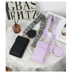 Black and purple crossbody phone bags with stylish wide patterned shoulder straps