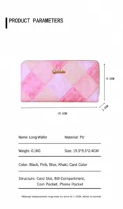 Détails du produit montrant les dimensions et la structure du long portefeuille rose patchwork
