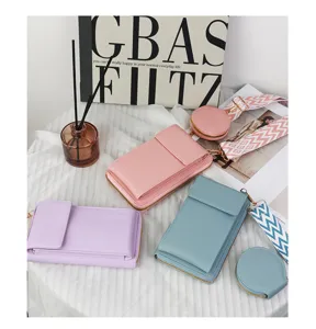 Three colors of minimalist crossbody phone bag sets with patterned wide straps and purses