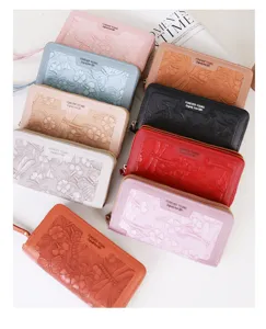 Collezione di portafogli lunghi vintage goffrati a fiori per donna in vari colori alla moda.