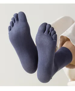Solid grey five-toe mid-calf socks featuring breathable mesh knit structure for daily wear.