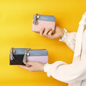 Women Short Bifold Wallet PU Leather Color Block Card Holder Purse With Heart Tassel Zipper Coin Pocket For Girl Student Daily Matching