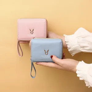 Mini Portefeuille Court pour Femmes à 3 Plis en Cuir PU Avec Décoration de Bois Doré Poche à Monnaie Zippée Pour Étudiantes