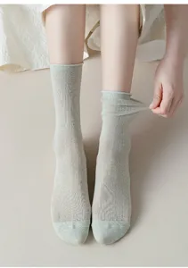 Primo piano delle calze in rete sottile che mostrano il tessuto elastico e il bordo.