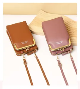 Vertical women's mini phone crossbody bags in brown and dusty rose leather with gold hardware