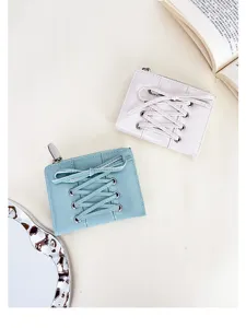 Pair of cute ins style lace-up bow small wallets in pastel blue and white colors