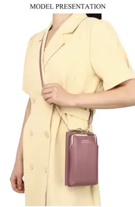 Elegant purple vertical mini crossbody phone bag for women shown worn by a model