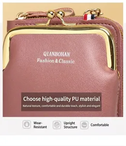 Detailed view of the mauve PU leather phone bag featuring an elegant gold kiss-lock frame.