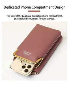 Detail view of the dedicated phone pocket on this vertical crossbody wallet