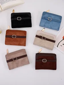 Women Patchwork Short Wallet PU Leather Card Holder Retro Ins Style Coin Purse Simple Zipper Student Card Case Wallet