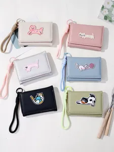 Women Cute Cartoon Cat Embroidery Short Trifold Wallet With Lanyard PU Leather Small Coin Purse Card Holder For Girls