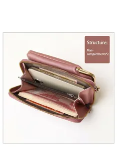 Pink crossbody mobile phone bag with large capacity compartments for phone and cash