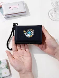 Kawaii black faux leather trifold wallet featuring cute cat embroidery and wrist lanyard