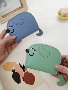Two cute cartoon dachshund dog accordion card holders in blue and green colors held by hands