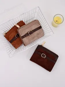 Set of three patchwork PU leather women's short wallets in a wire basket with suede details