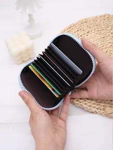 Light blue women's PU leather accordion card holder with multi-slot zipper design