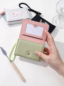 Cute cartoon cat embroidery tri-fold short wallet for women with lanyard and ID window