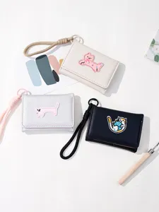 Cute cat embroidered tri-fold short wallet for women with wrist lanyard minimalist strap