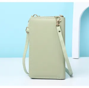 Vista posteriore della borsa porta cellulare a tracolla verde chiaro da donna