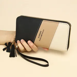 Portafoglio Lungo da Donna Patchwork a Tre Colori Pochette con Cerniera Grande Capacità in Pelle PU con Cinturino da Polso Nappina