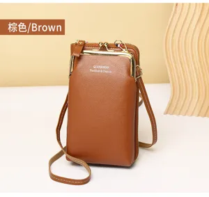Close-up of brown PU leather vertical phone crossbody bag with gold metal clasp