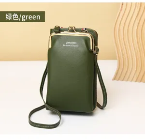 Vertical green leather phone bag with gold clasp and elegant wood decorative backdrop