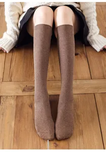 Damen japanische einfarbige gerippte Kniestrümpfe tägliche Freizeit Baumwolle lange Socken