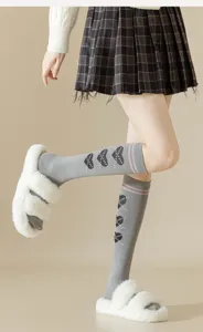 Gray knee high compression socks with cute heart patterns, cozy fluffy slippers, JK style outfit.