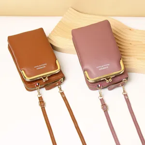 Stylish vertical mini crossbody phone bags in brown and rose pink with gold hardware