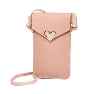Stylish pink PU leather crossbody phone bag with touch screen window and heart metal buckle