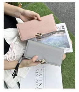 Portefeuilles longs en similicuir rose et gris pour femmes avec dragonnes et boucles